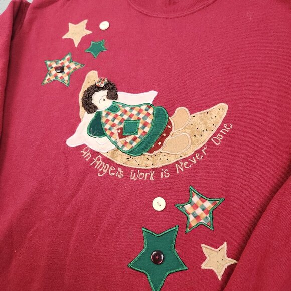 VTG Holiday Christmas Angel Sweatshirt Large Crew Sweater 90's Embroidered CUTE! - Picture 3 of 11